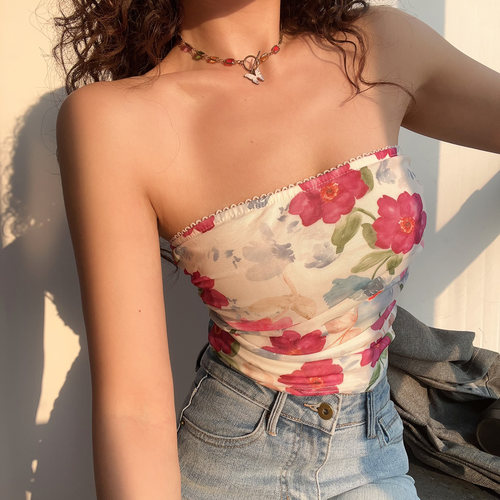 BERAN 欧美性感平口弹力修身网纱甜美浪漫印花朵褶皱花边抹胸背心