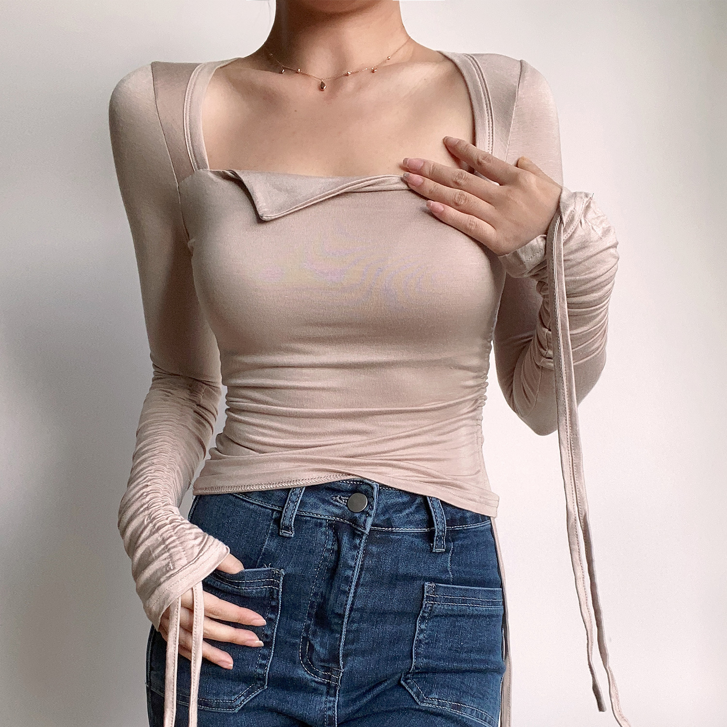 欧美风性感方领抽绳系带长袖上衣