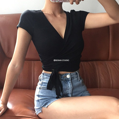 性感v领交叉绑带短袖t恤上衣