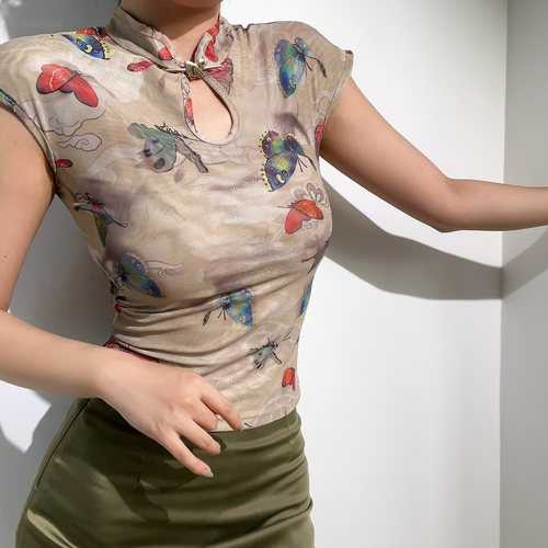 BERAN 复古新中式旗袍立领镂空蝴蝶印花网纱弹力修身无袖T恤上衣