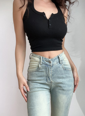 BERAN欧美性感V腰中高腰复古水洗磨白做旧浅蓝色微喇叭牛仔裤长裤