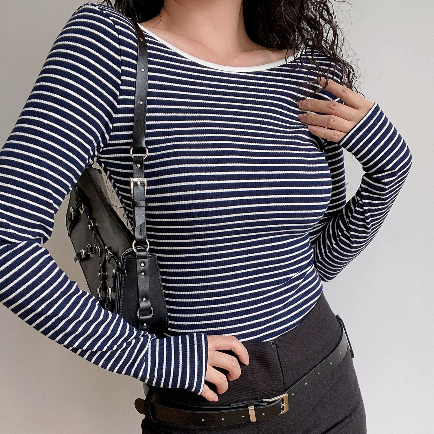 法式复古露背条纹连体T恤