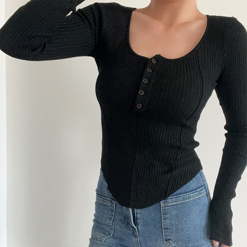 性感U领系扣弹力针织衫上衣