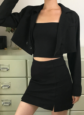 BERAN 复古时髦宽松百搭高腰短款显瘦长袖黑色小西装外套夹克上衣