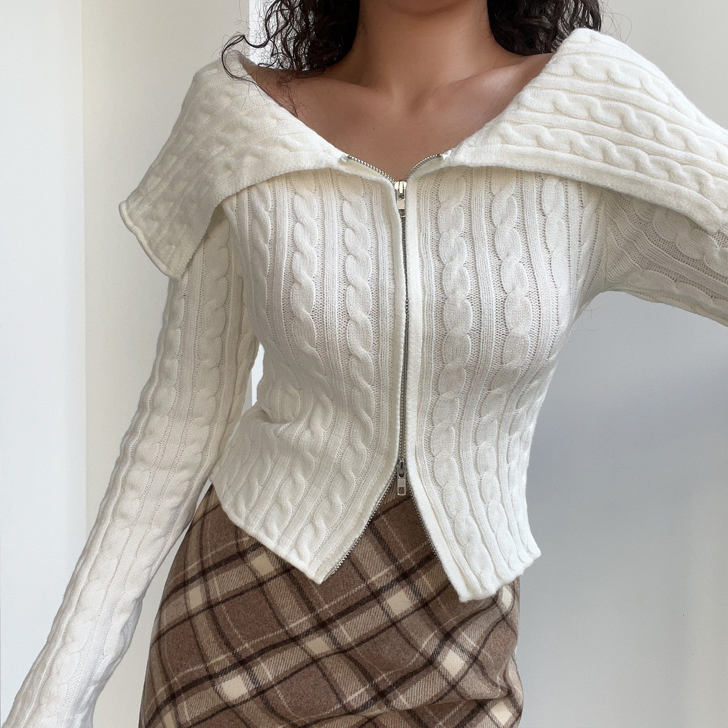 复古麻花大翻领长袖针织衫开衫