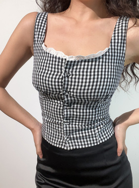 BERAN 复古格纹方领可爱蕾丝花边单排扣修身打揽收腰显瘦格子背心