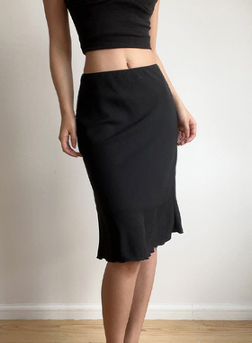 BERAN 美式复古可爱纯色百搭格子高腰波浪边中高腰鱼尾中长半身裙