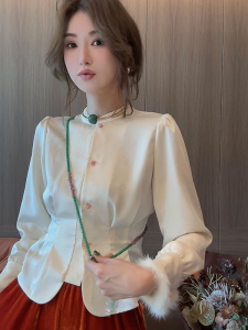 2023秋季设计感小众上衣新中式国风女装黄色缎面提花毛边拼接衬衫