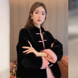 新中式国风唐装加绒加厚立领盘扣黑色丝绒棉服外套女2023新款秋冬