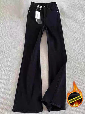 美式vibe弯刀牛仔裤男款秋冬加绒加厚黑色微喇裤显瘦加长直筒裤子