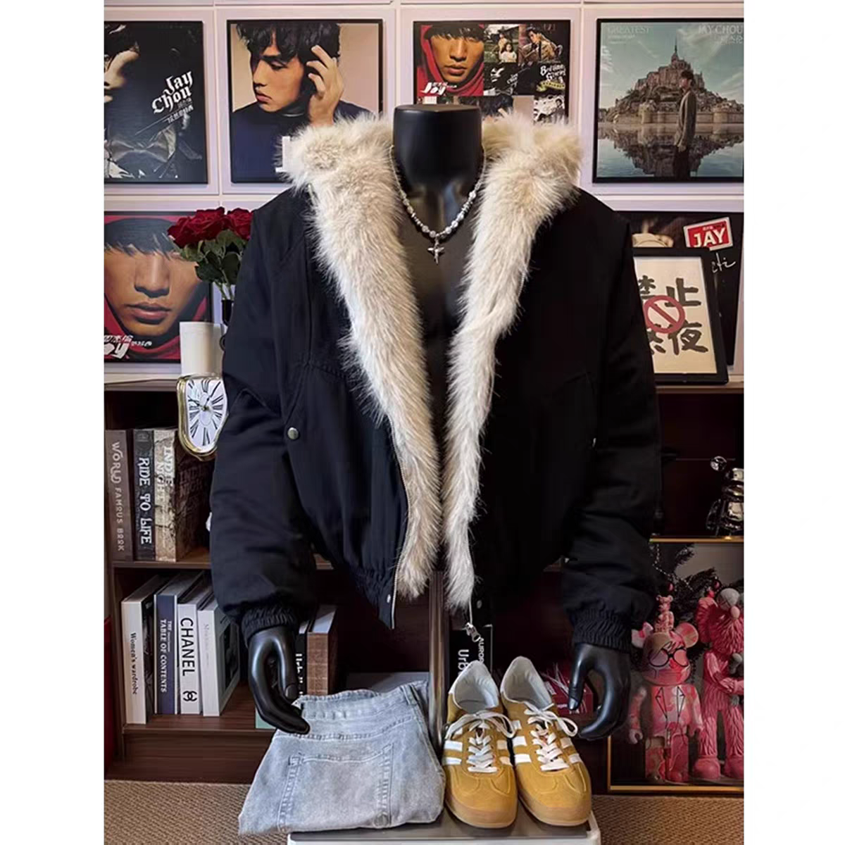 座山雕毛领连帽棉服男款冬季加绒加厚高级感廓形短款夹克棉衣外套