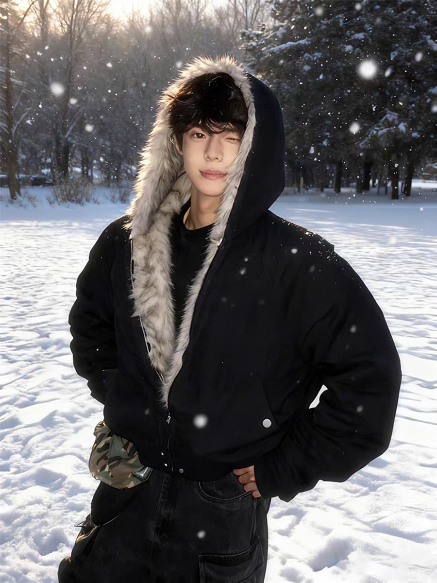 座山雕毛领连帽棉服男款冬季加绒加厚高级感廓形短款夹克棉衣外套