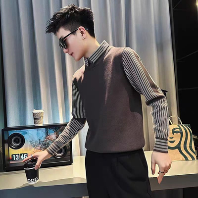 假两件衬衫领男士针织衫毛衣冬季
