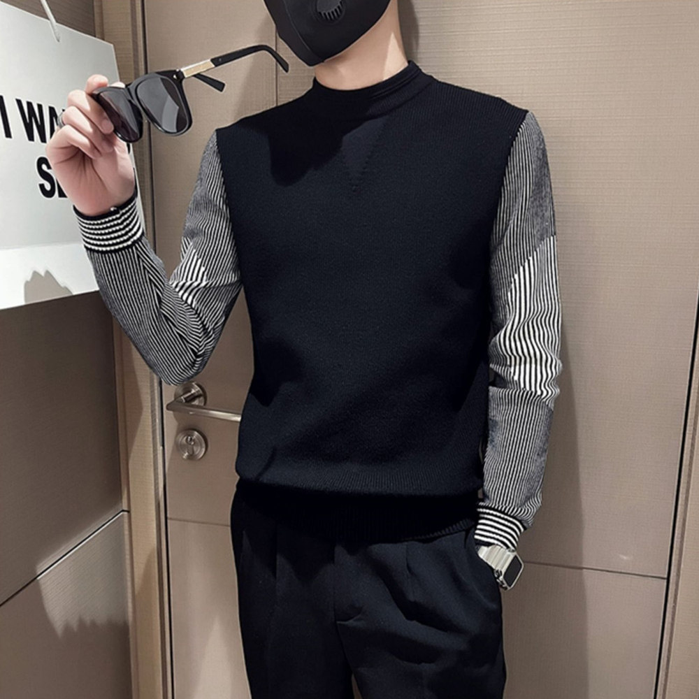 秋冬男士毛衣针织衫打底衫修身套头长袖潮流纯色半高领拼接假两件
