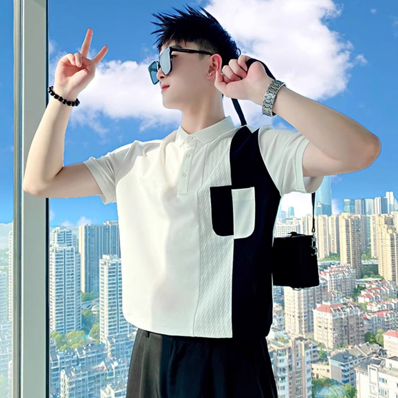 夏季拼接POLO短袖男潮流撞色T恤图片