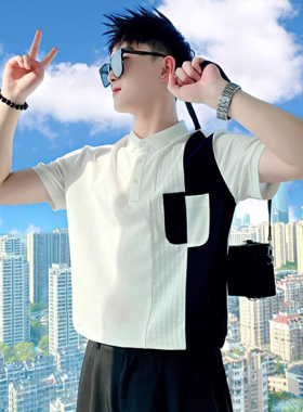 夏季拼接POLO衫短袖男高级感潮流撞色T恤男装2026新款半袖上衣服