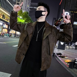 超火男皮衣秋装 2025新款 高级感痞帅机车皮夹克 秋季 假两件外套男士