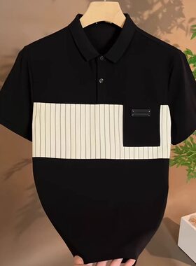 黑色撞色条纹翻领男士polo衫短袖