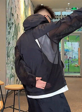 夏季新款拼网眼轻薄透气凉感防晒衣男女同款运动骑行户外连帽外套