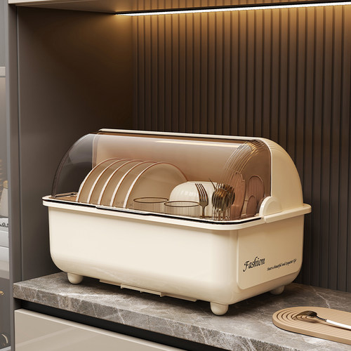 双层沥水滑盖式多功能碗筷收纳盒