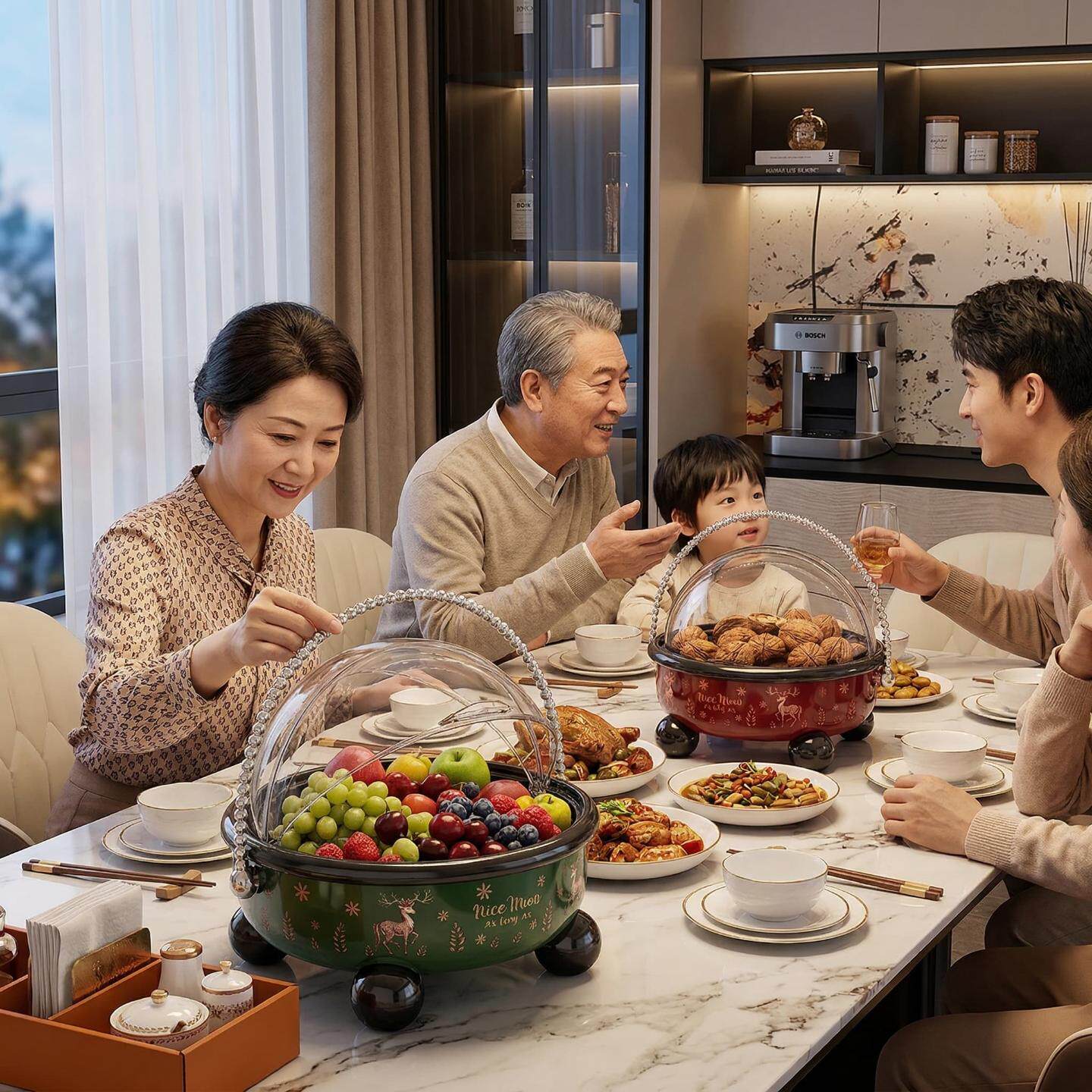 桌面圣诞图案水果盘高颜值糖果坚果收纳盘客厅手提塑料轻奢干果盘