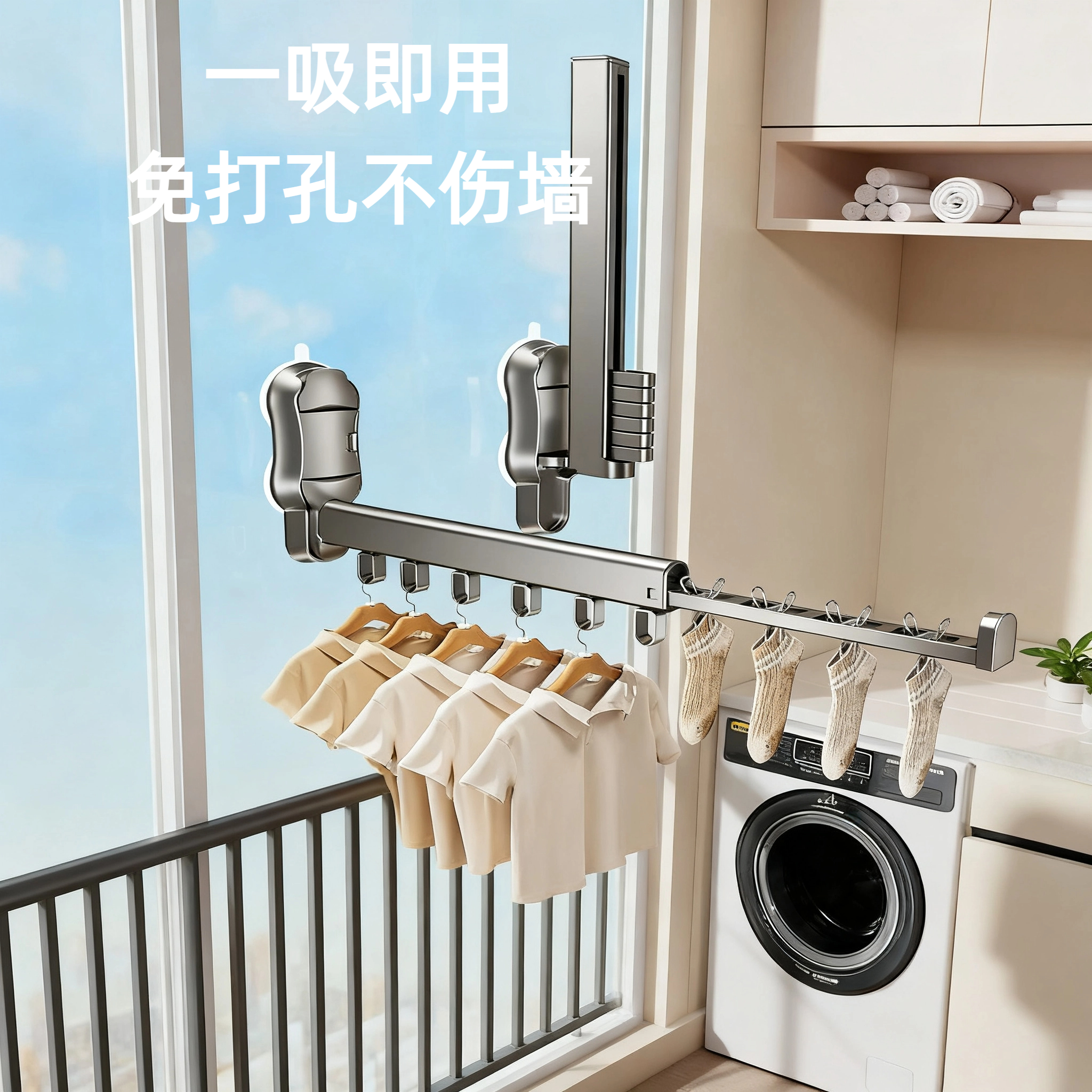 玻璃吸盘晾衣架折叠阳台隐形伸缩