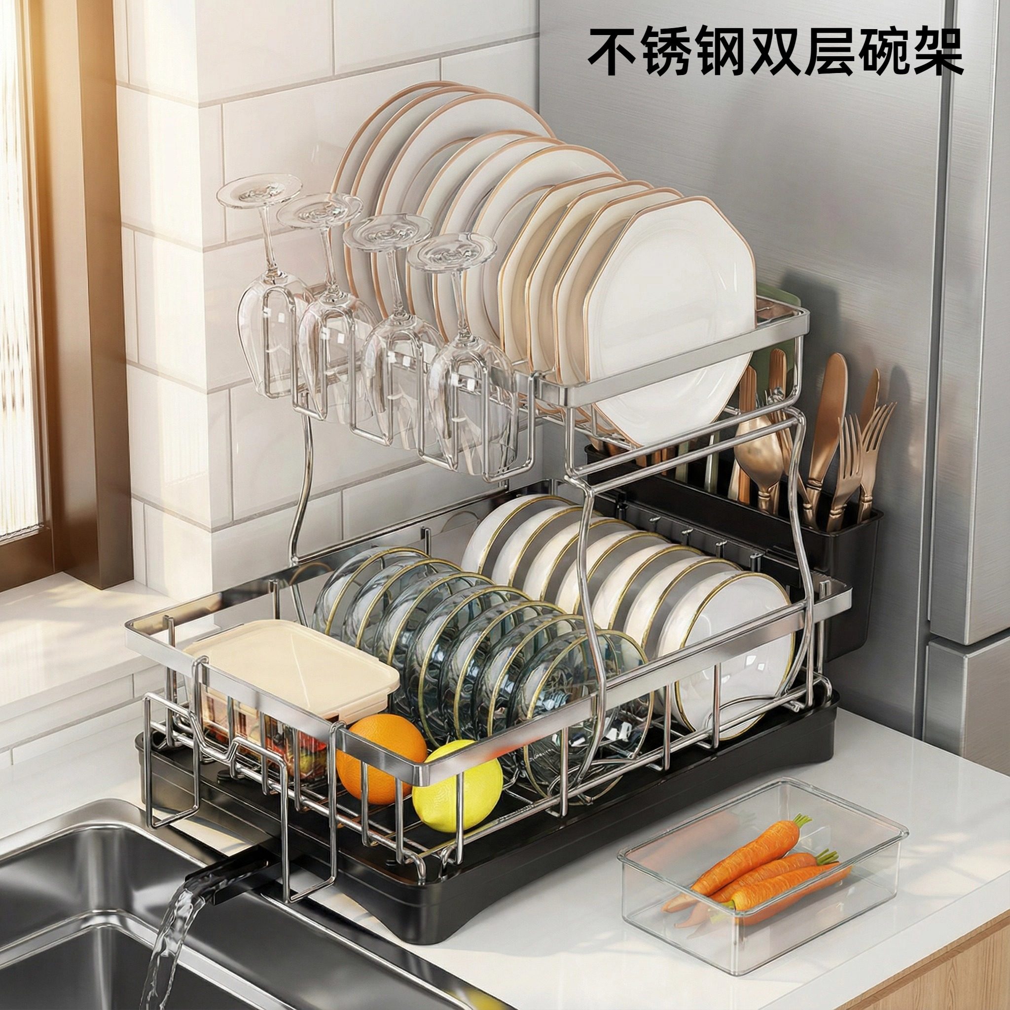 不锈钢双层厨房碗架免安装刀叉水杯收纳置物架沥水碗碟收纳架,厨房/烹饪用具,厨房置物架/置物柜/角架,淘宝优惠券,粉丝福利购,淘宝优惠卷