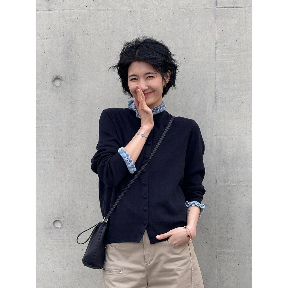 周浪清藏青色木耳边羊毛针织衫女2025年新款秋装长袖开衫毛衣外套