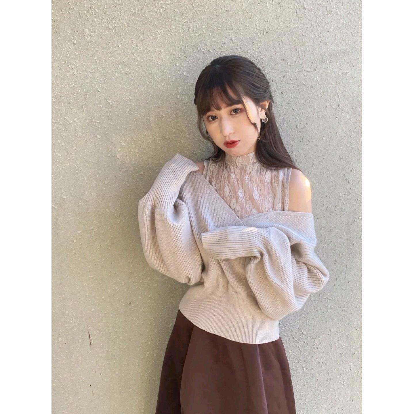 GRL春季新款女日系甜美蕾丝领显瘦落肩袖纯欲针织衫假两件毛衣