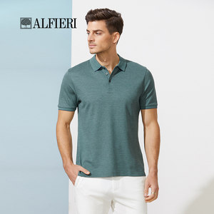 艾法利 男装夏季珠地面料立体珠针绣花翻领透气短袖T恤上衣
