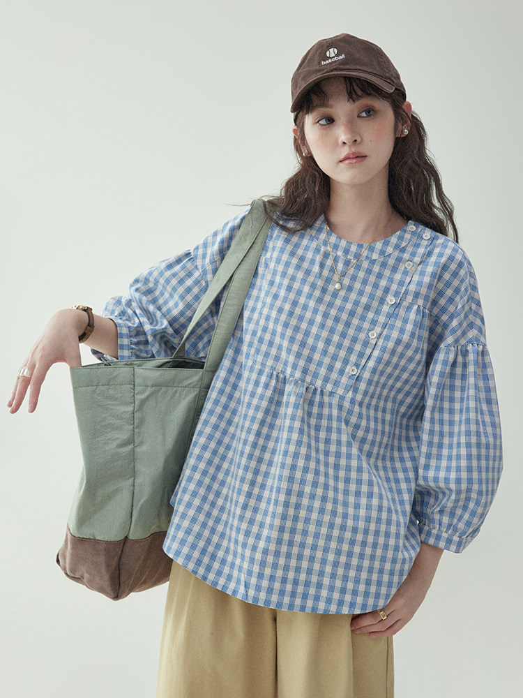 「Kitajima AMUU Original」パフスリーブブルーチェック柄ボタンシャツレディース春夏デザインパッチワークトップ