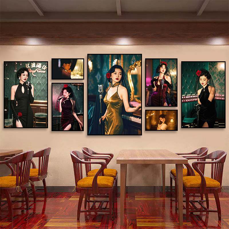老上海旗袍美女装饰画民国风酒楼茶楼复古挂画照相馆怀旧写真壁画