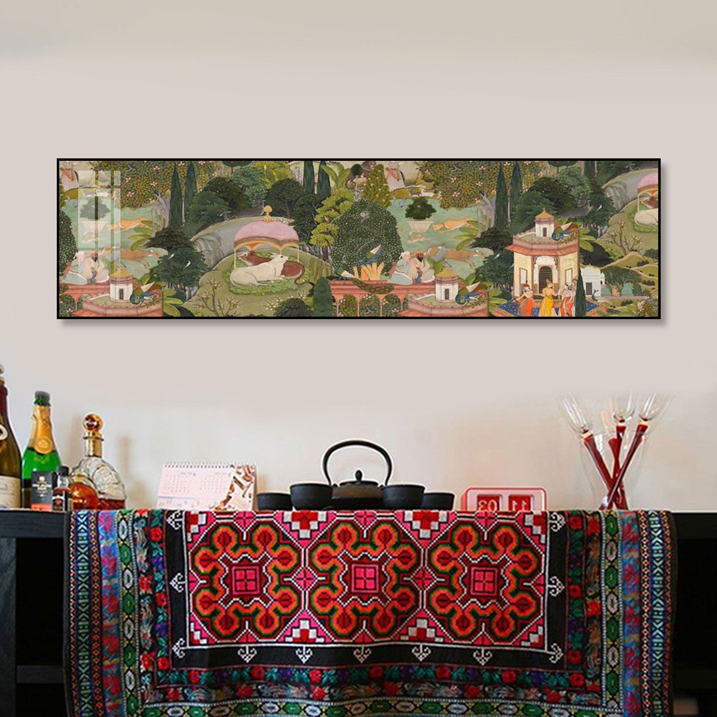 印度莫卧儿宫廷细密画复古异域风客厅茶室横版挂画东南亚酒店壁画