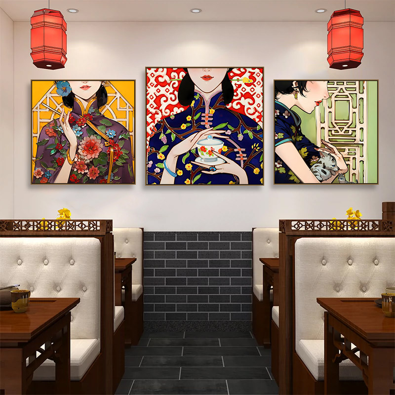 中国风京剧花旦装饰画国潮火锅店唐三彩旗袍挂画中式服装店壁画