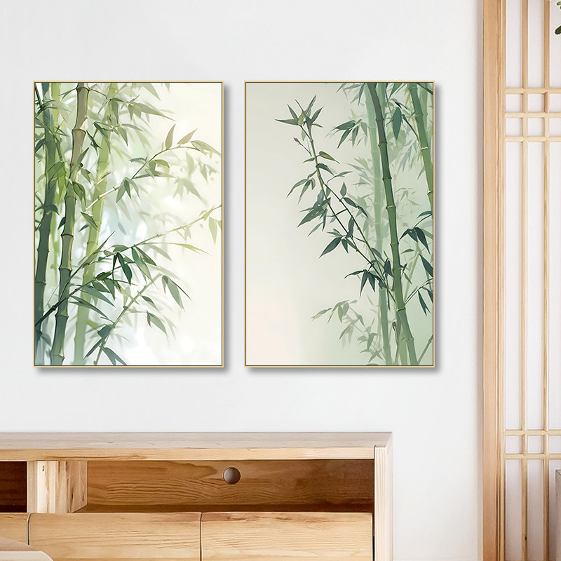 新中式富贵竹子挂画客厅书房茶室竹报平安风水装饰画玄关走廊壁画