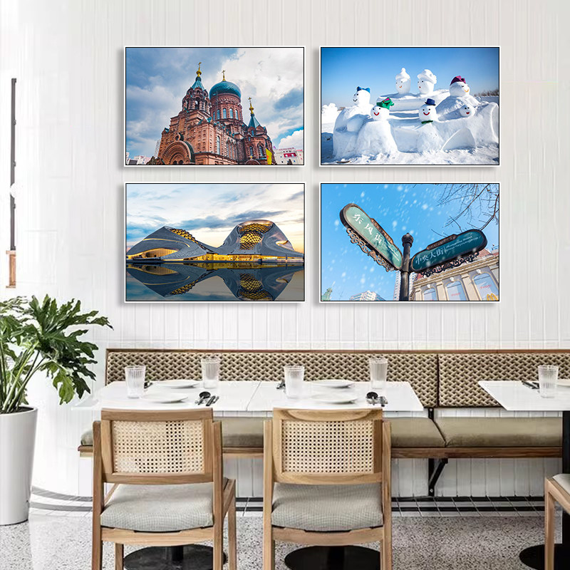 哈尔滨城市建筑装饰画黑龙江冰城雪人雪景挂画圣索菲亚教堂壁画