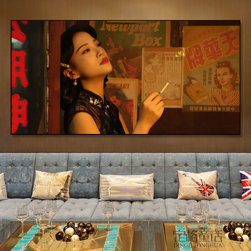老上海旗袍美女装饰画民国风怀旧火锅店挂画歌舞厅茶楼酒楼壁画