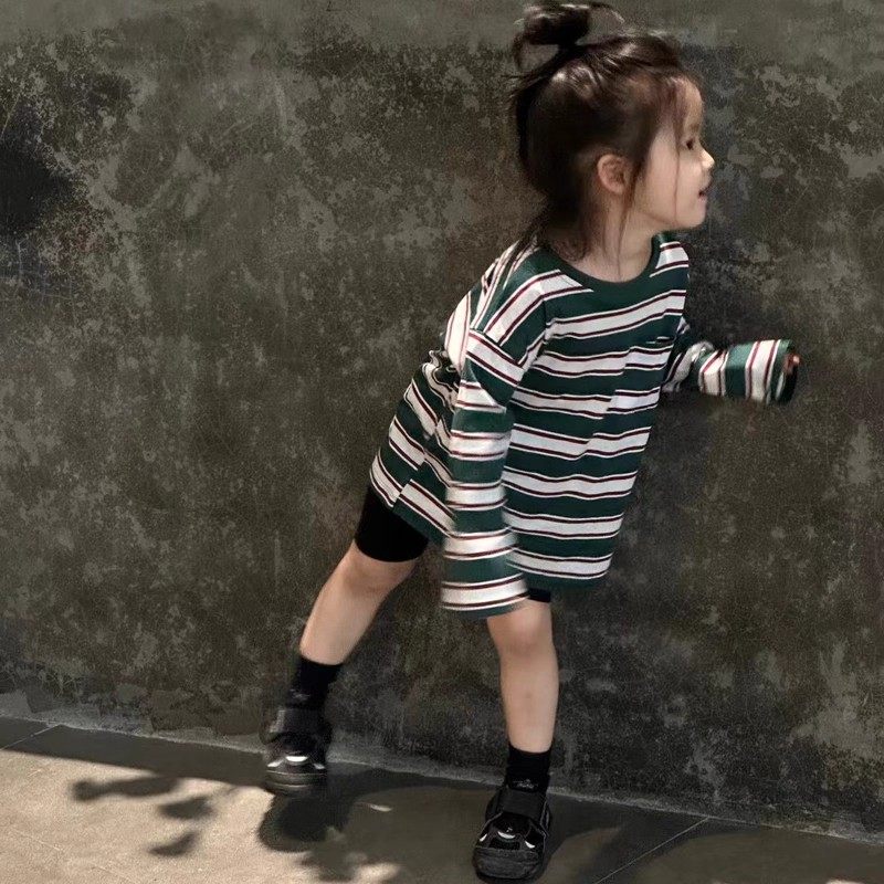 韩国童装儿童长袖t恤2025新款秋装男女童时髦拼色条纹套头打底衫