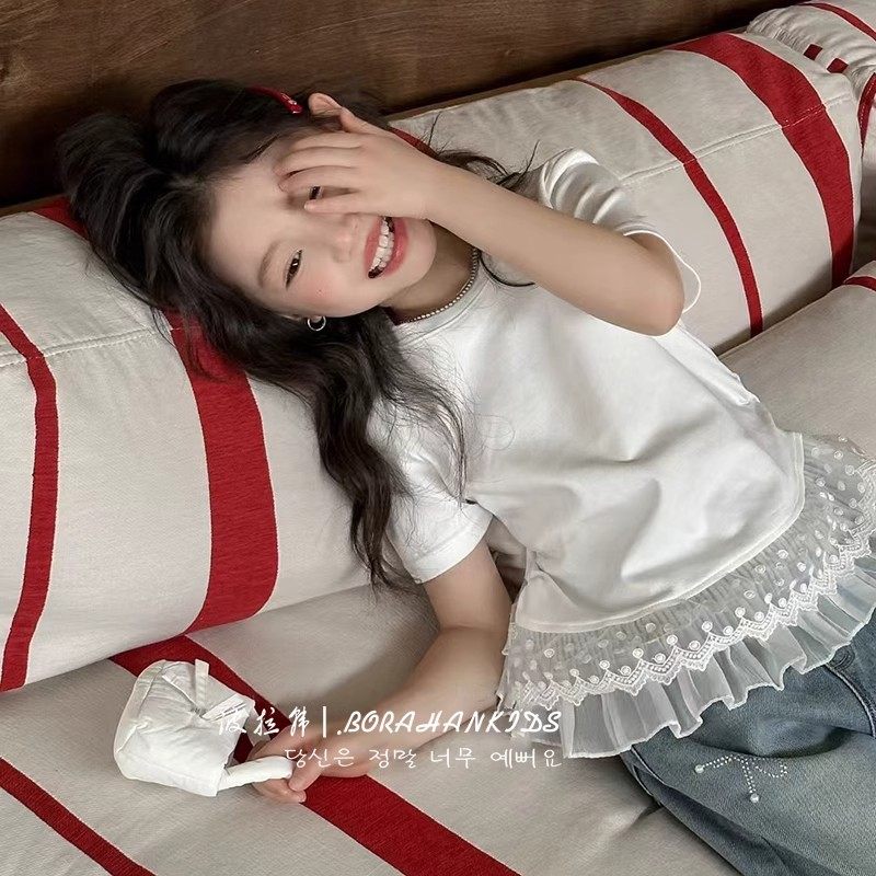 女童夏季蕾丝拼接短袖t恤2026夏装小女孩甜美儿童时髦上衣打底衫