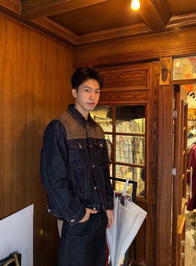 美式复古cleanfit麂皮绒拼接牛仔夹克男秋季潮牌宽松百搭休闲外套