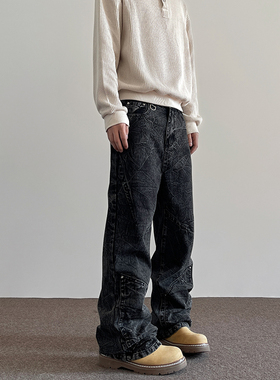 美式高街cleanfit雪花洗做旧牛仔裤男潮流直筒显瘦vibe休闲长裤子