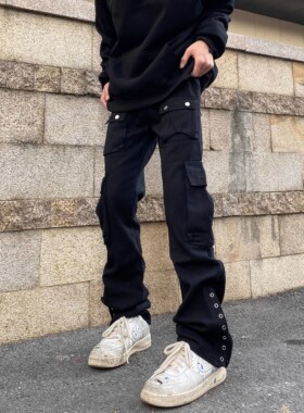 美式复古多口袋铆钉设计牛仔裤男高街嘻哈休闲直筒微喇修身长裤子