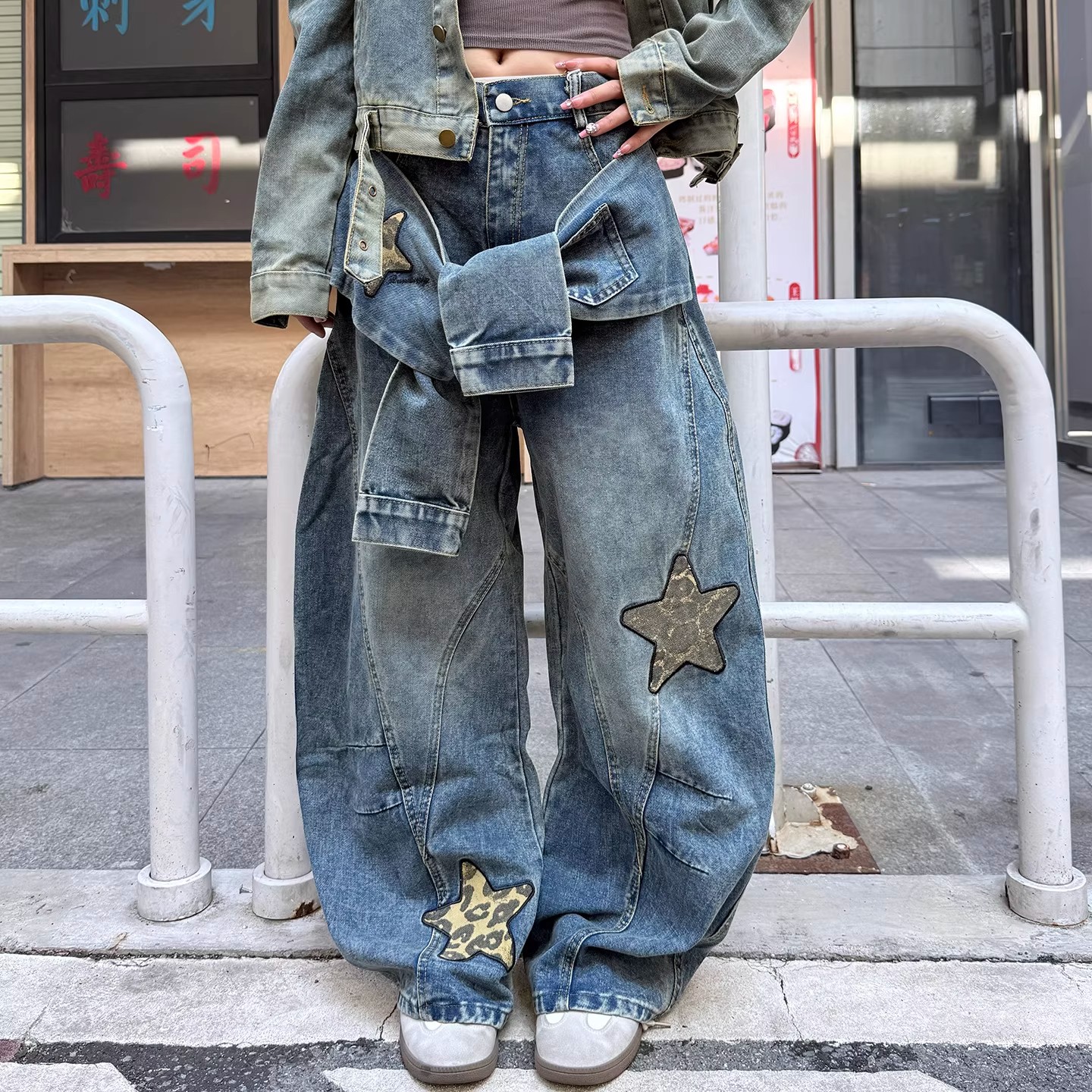 美式复古豹纹星星刺绣牛仔裤