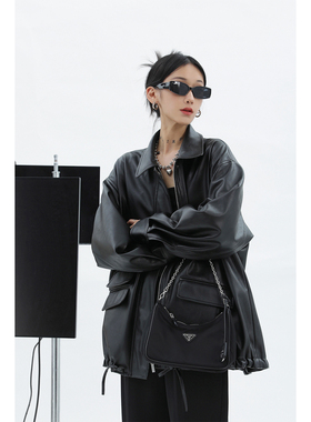 美式复古多口袋抽绳机车PU皮衣男女高街秋装宽松黑色oversize外套