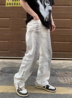 美式街头复古涂鸦扎染白色牛仔裤男高街vibe嘻哈直筒休闲宽松长裤