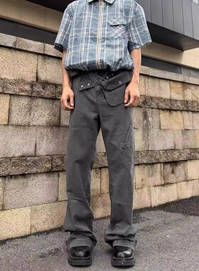 美式复古水洗工装口袋腰带直筒牛仔裤男高街dirtyfit灰色休闲长裤