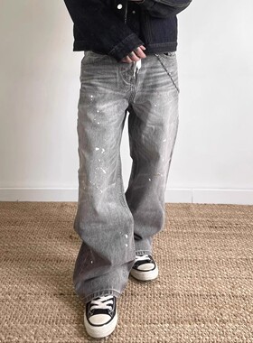 美式复古泼墨做旧直筒牛仔裤男女高街Baggy灰色猫须显瘦宽松长裤