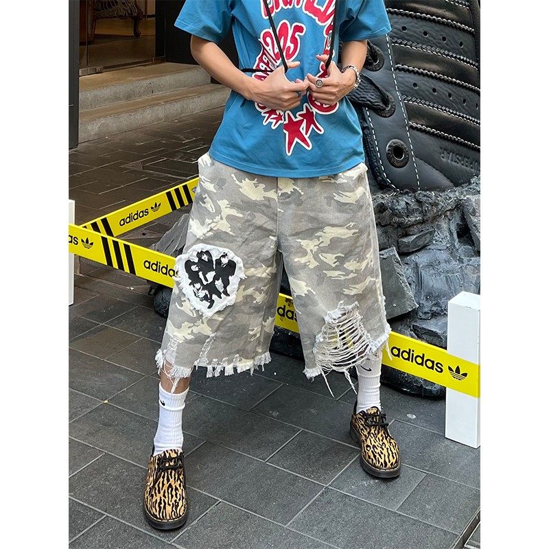 美式复古贴布割破毛边迷彩七分裤