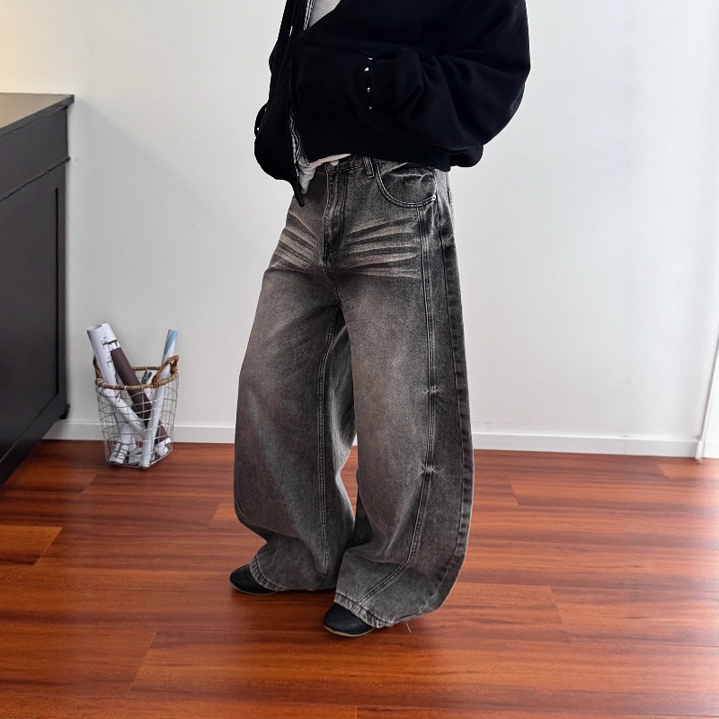 美式复古高街猫须弯刀牛仔裤