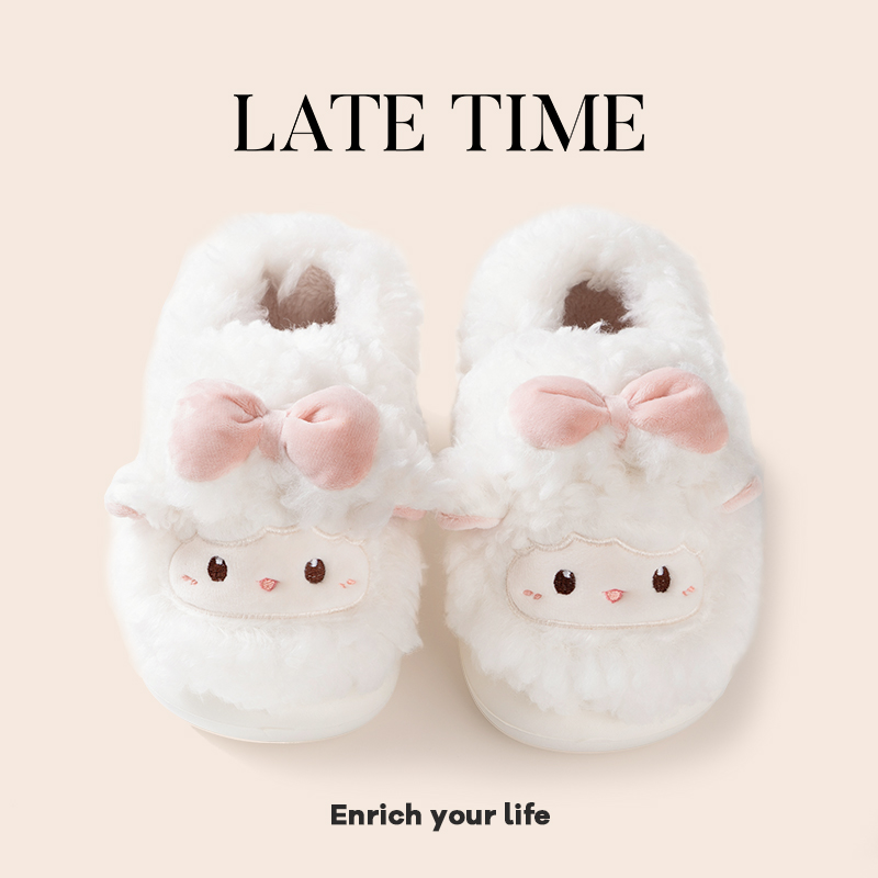迟到时光蝴蝶结小羊棉拖鞋包跟